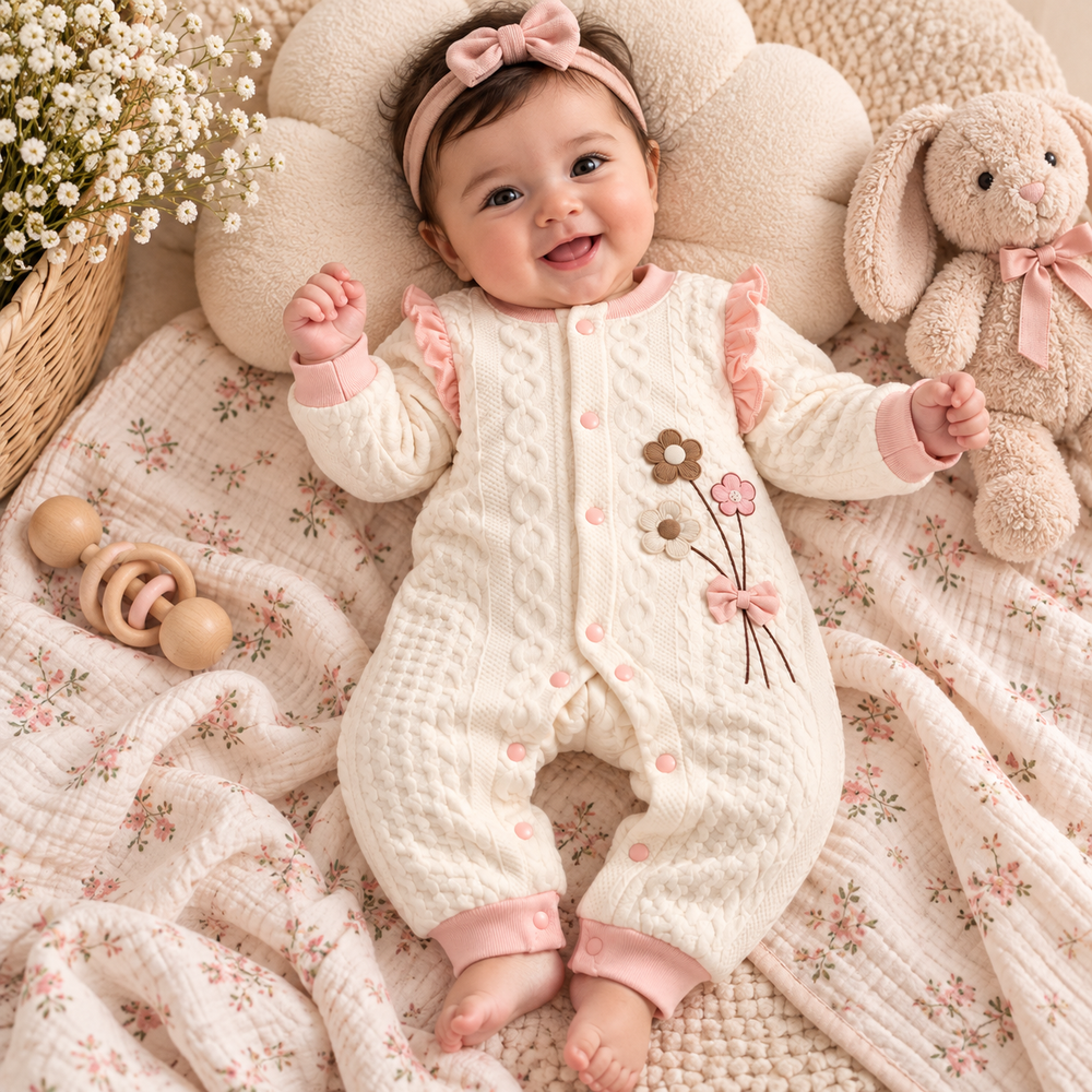 Floral Cable-Knit Baby Romper with Ruffle Detail – 2 Colors