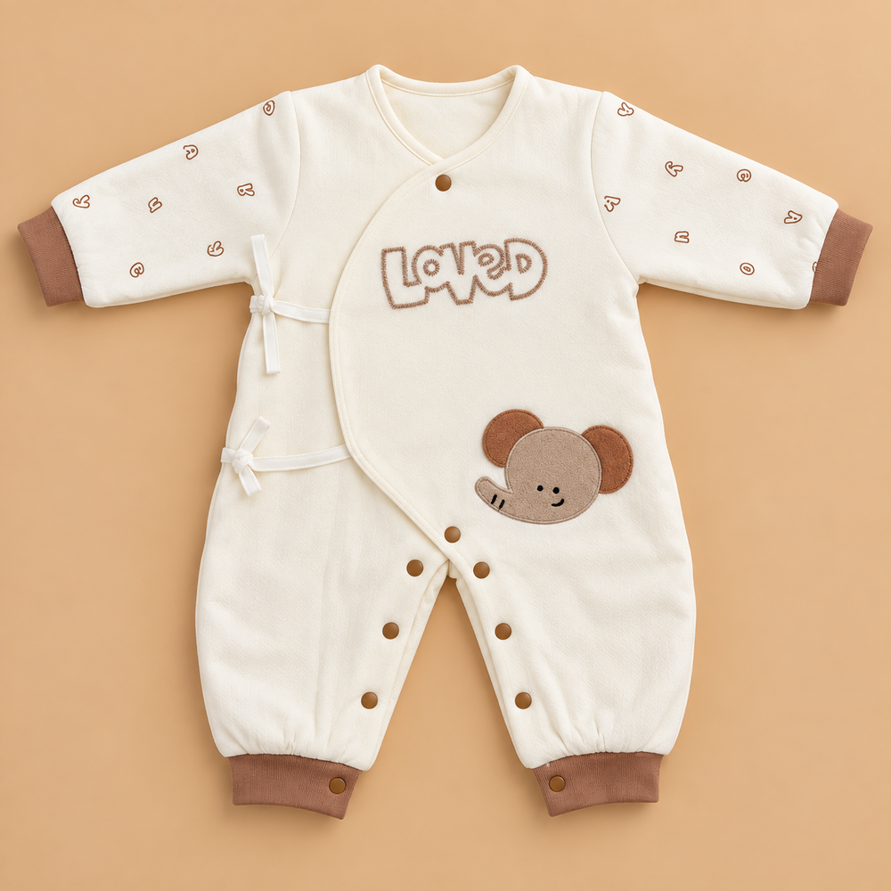 Loved Little Elephant Wrap Baby Romper – Ivory & Brown