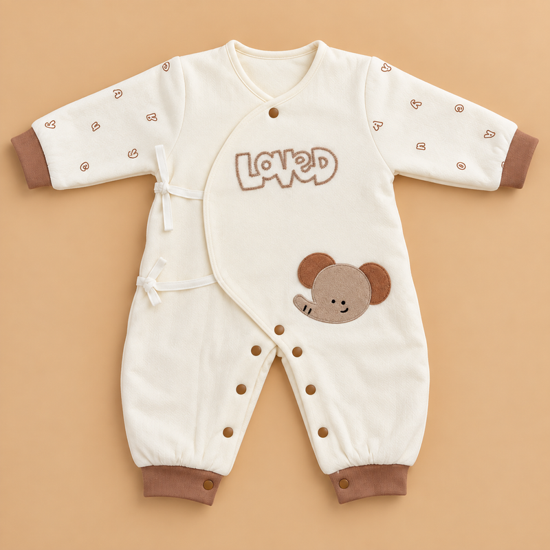 Loved Little Elephant Wrap Baby Romper – Ivory & Brown