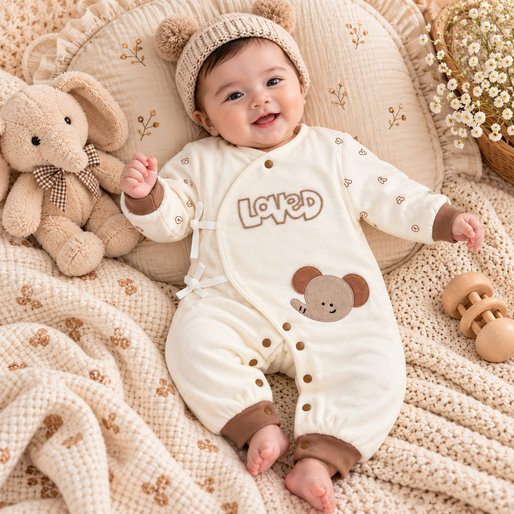 Loved Little Elephant Wrap Baby Romper – Ivory & Brown