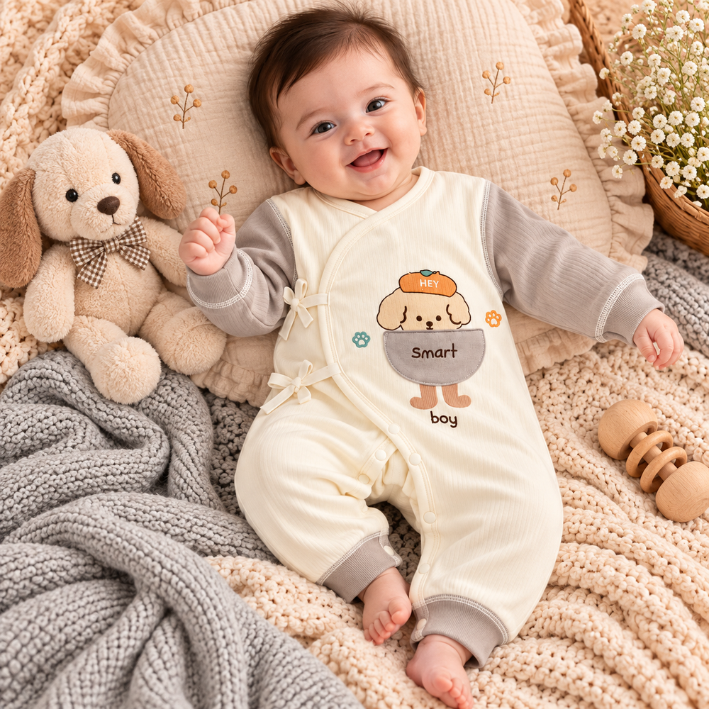 Smart Boy Puppy Wrap Baby Romper – 3 Colors