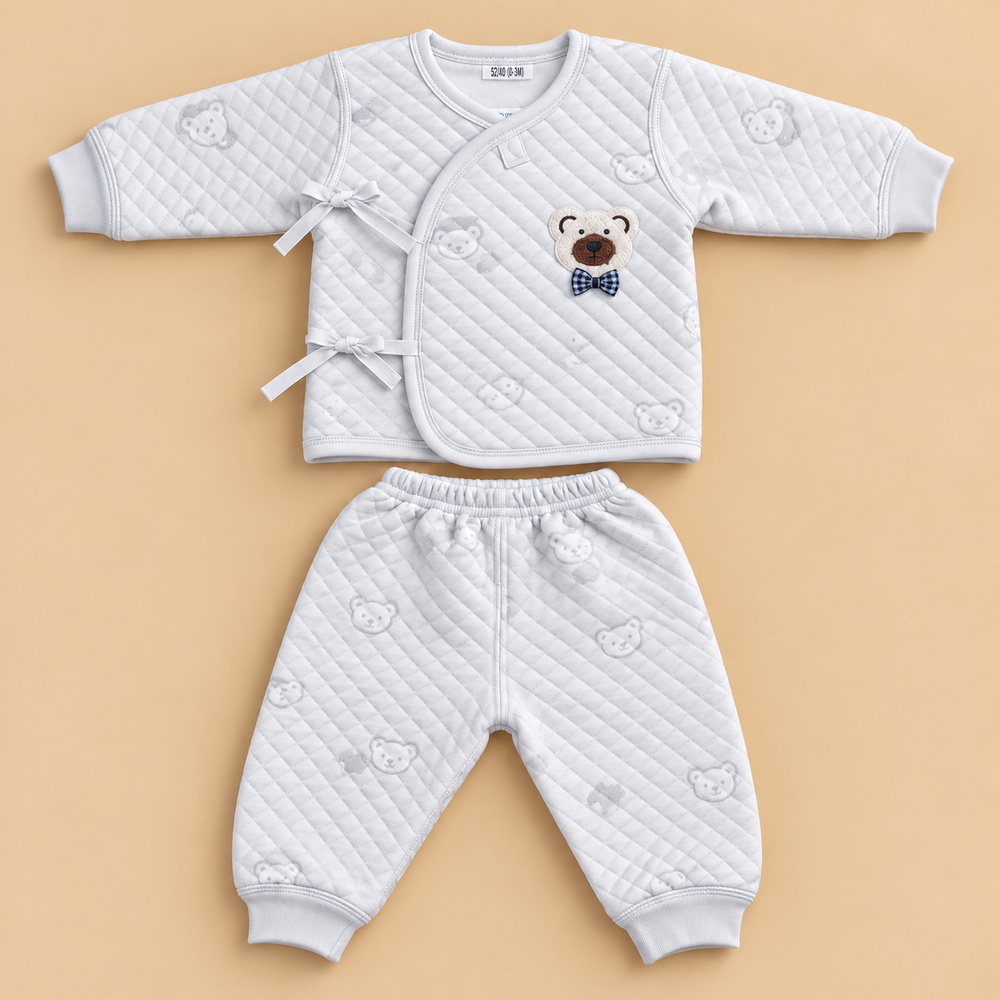 Cozy Quilted Baby Bear 2-Piece Wrap Set – White & Baby Blue