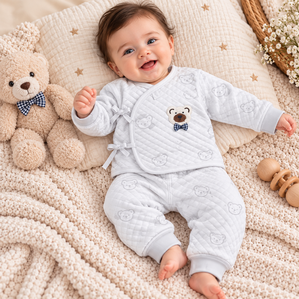 Cozy Quilted Baby Bear 2-Piece Wrap Set – White & Baby Blue