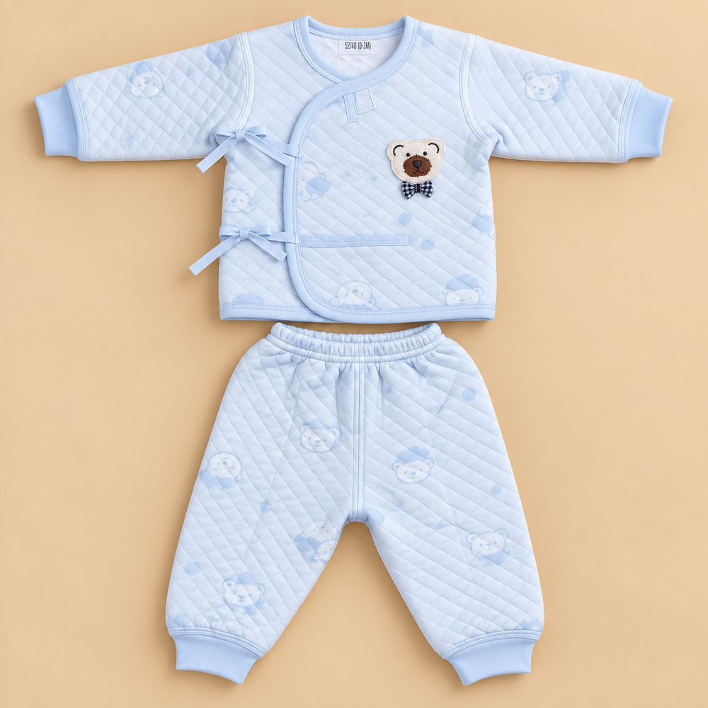 Cozy Quilted Baby Bear 2-Piece Wrap Set – White & Baby Blue