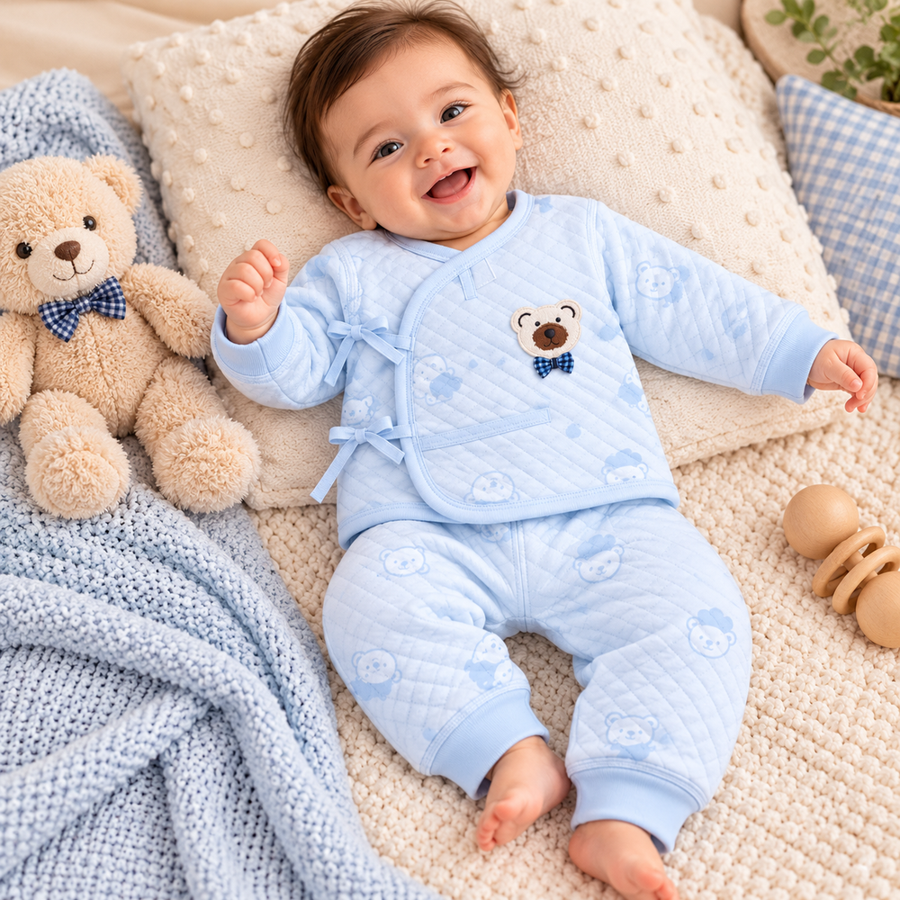 Cozy Quilted Baby Bear 2-Piece Wrap Set – White & Baby Blue