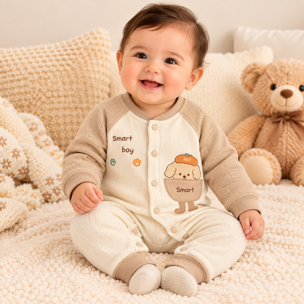 Smart Boy Puppy Embroidered Baby Romper