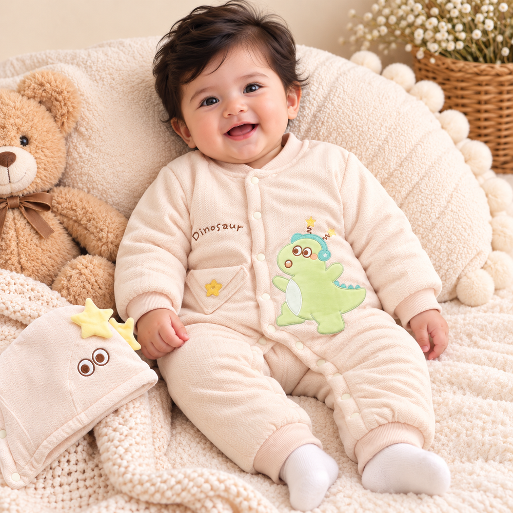 Cute Dinosaur Padded Winter Romper with Matching Hat – 2 Piece Set