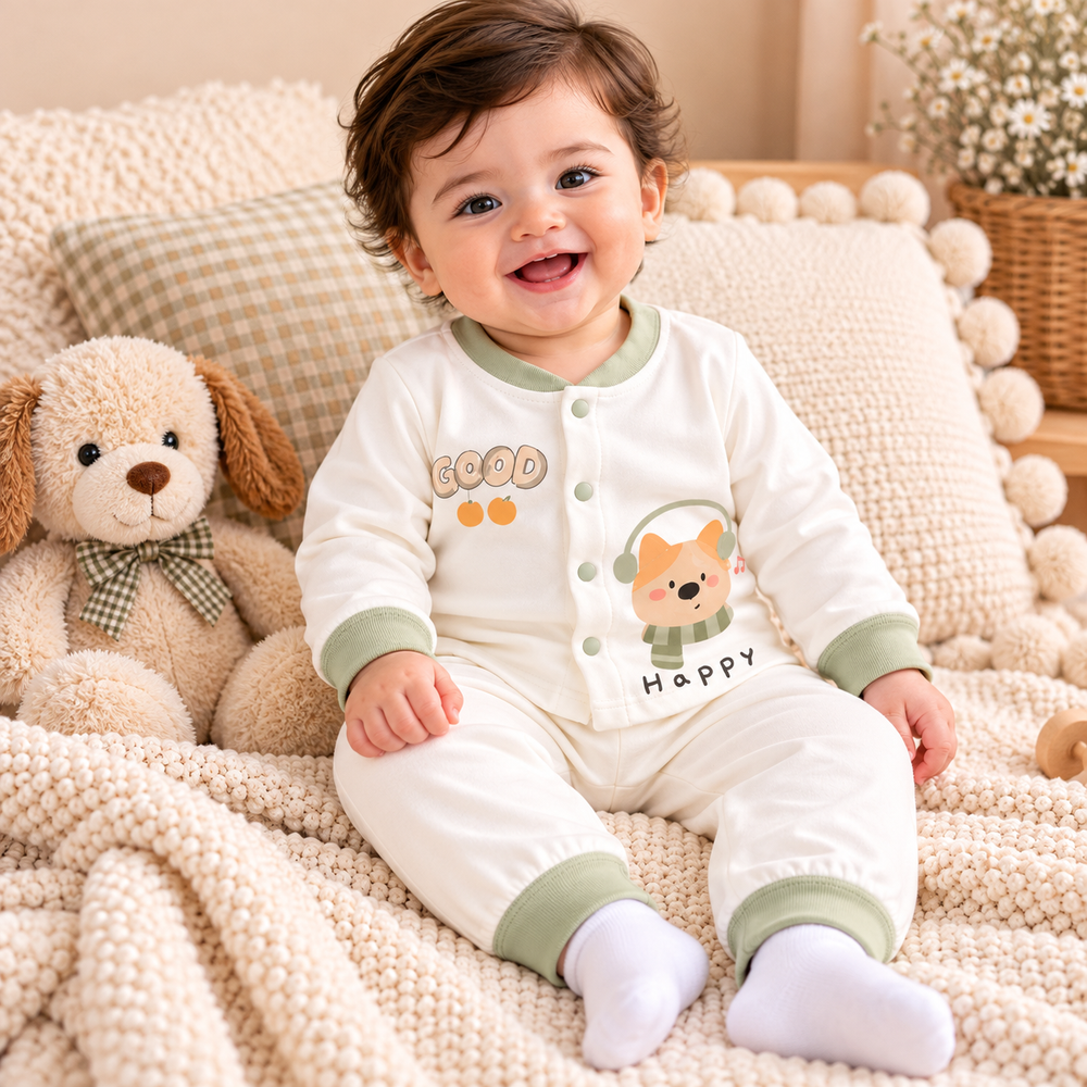 Cute Cartoon Baby Cotton Pajama Set – Long Sleeve Shirt & Pants (2-Piece Set)