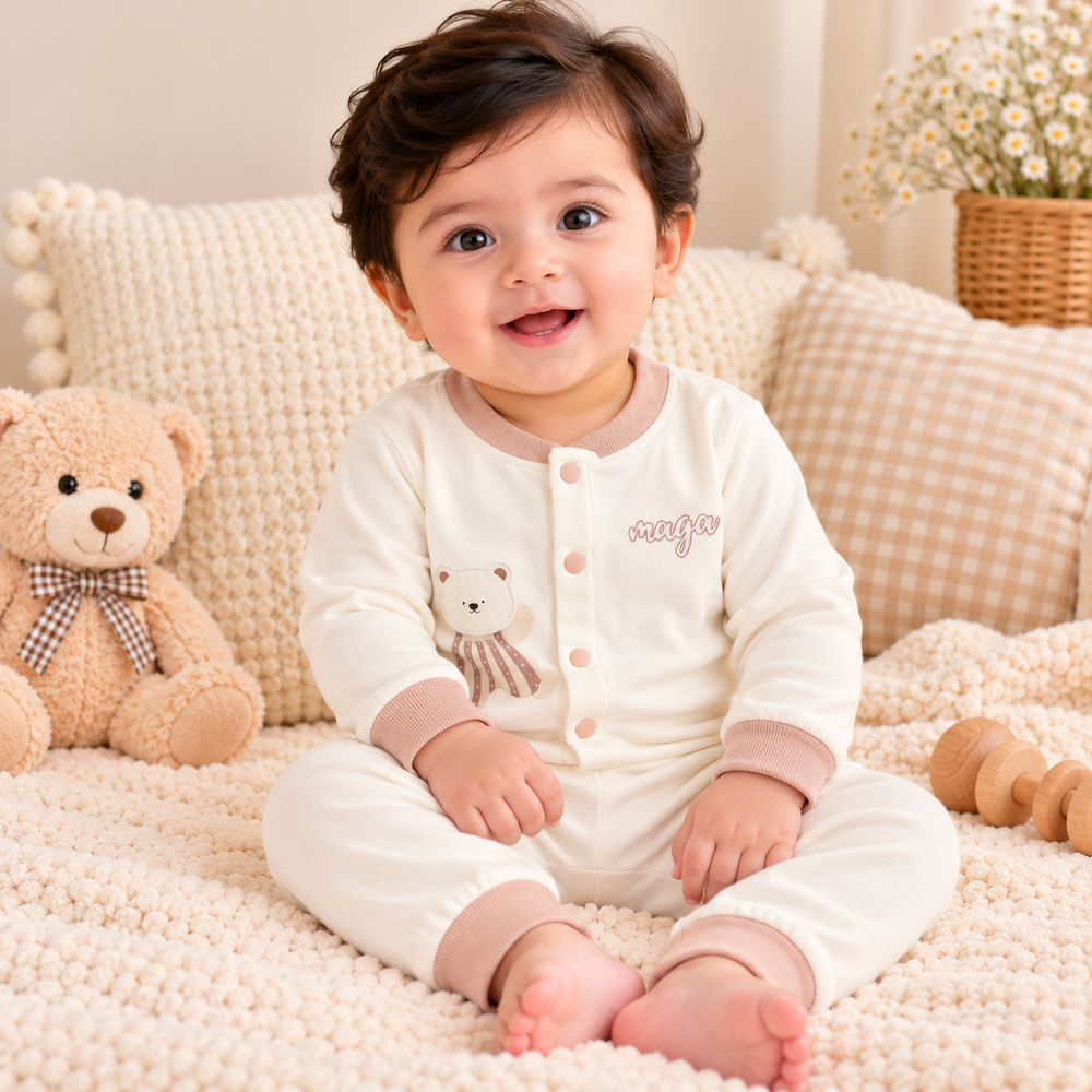 Baby Teddy Bear & Animal Print 2-Piece Outfit Set – Full Sleeves & Pants