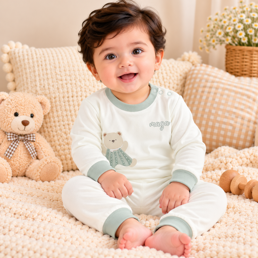Baby Teddy Bear & Animal Print 2-Piece Outfit Set – Full Sleeves & Pants