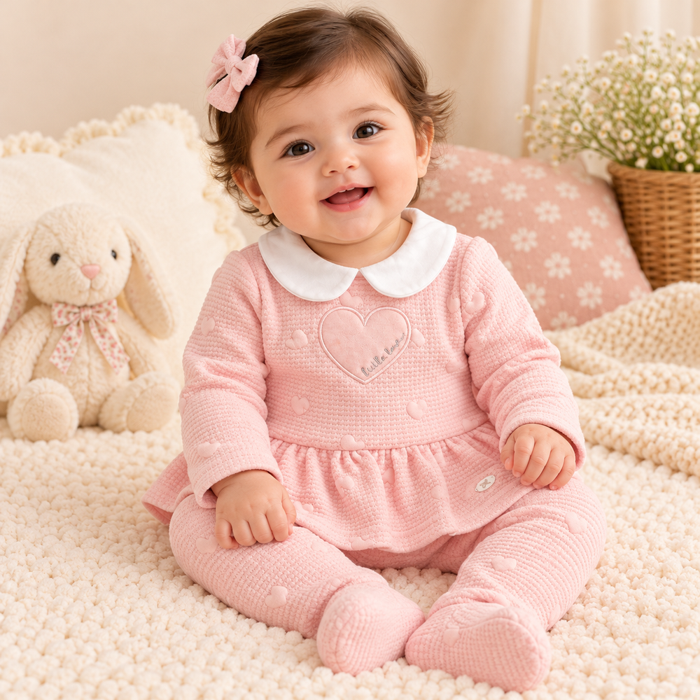 Baby Girls’ Heart Embossed 2-Piece Peplum Outfit Set – Pink