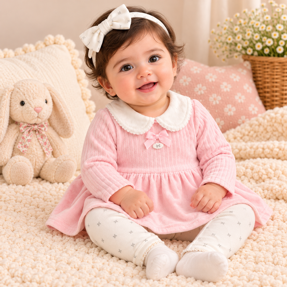 Baby Girls’ Princess Pink 3-Piece Dress Set with Leggings & Bow Headband