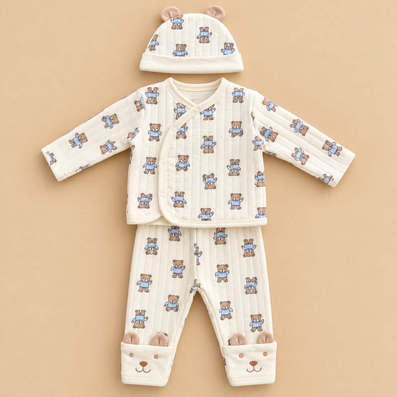 Baby Teddy Bear 3-Piece Outfit Set – Wrap Top, Pants & Bear Ear Cap
