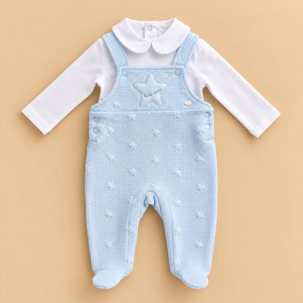 Baby Little Star 2-Piece Dungaree Romper Set – Pastel Blue & White