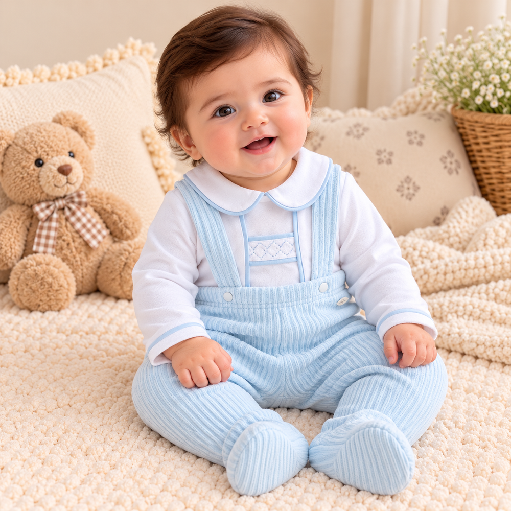Baby Little Gentleman 2-Piece Ribbed Dungaree Set – Pastel Blue & White