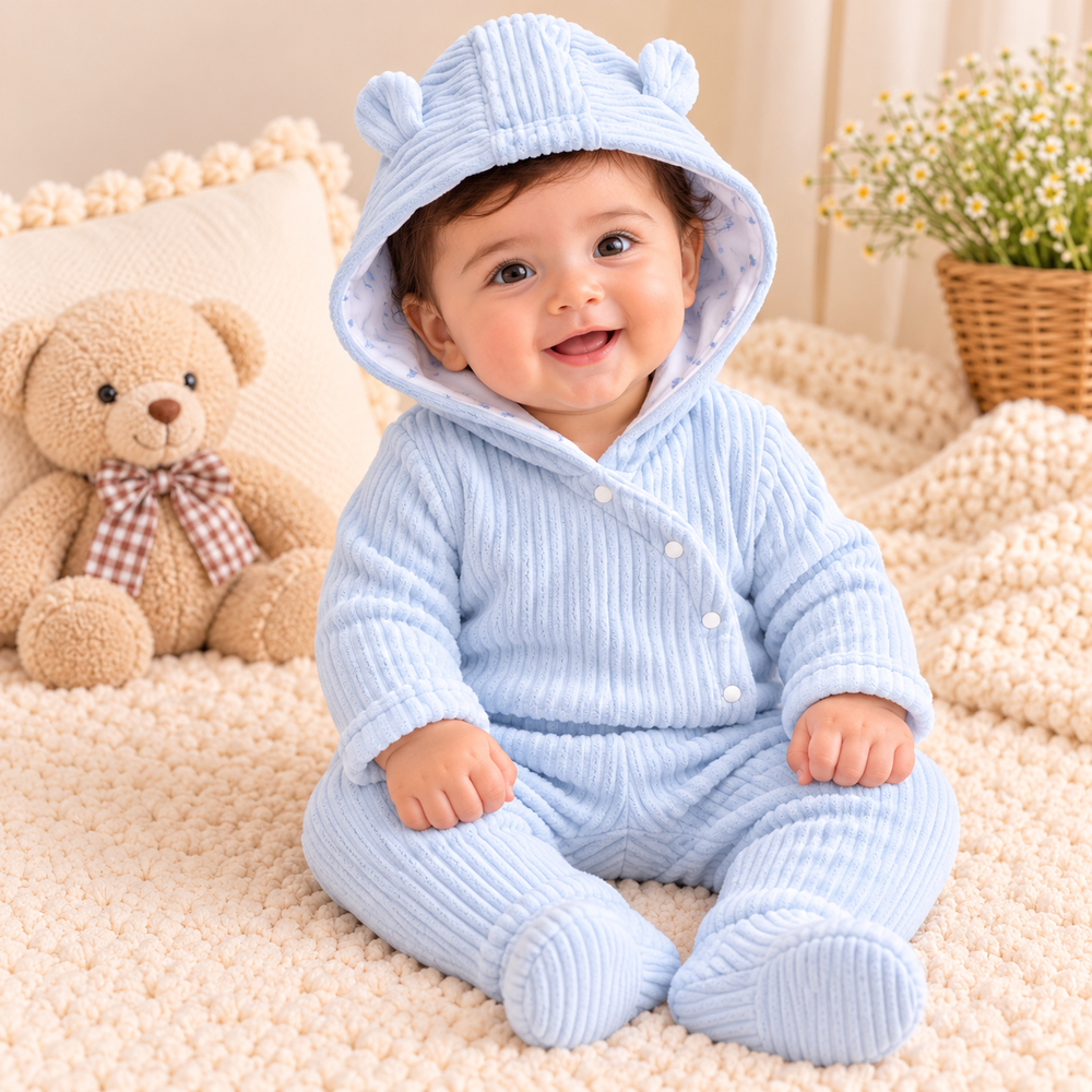 Baby Bear Ear Hooded 2-Piece Ribbed Outfit Set – Pastel Blue