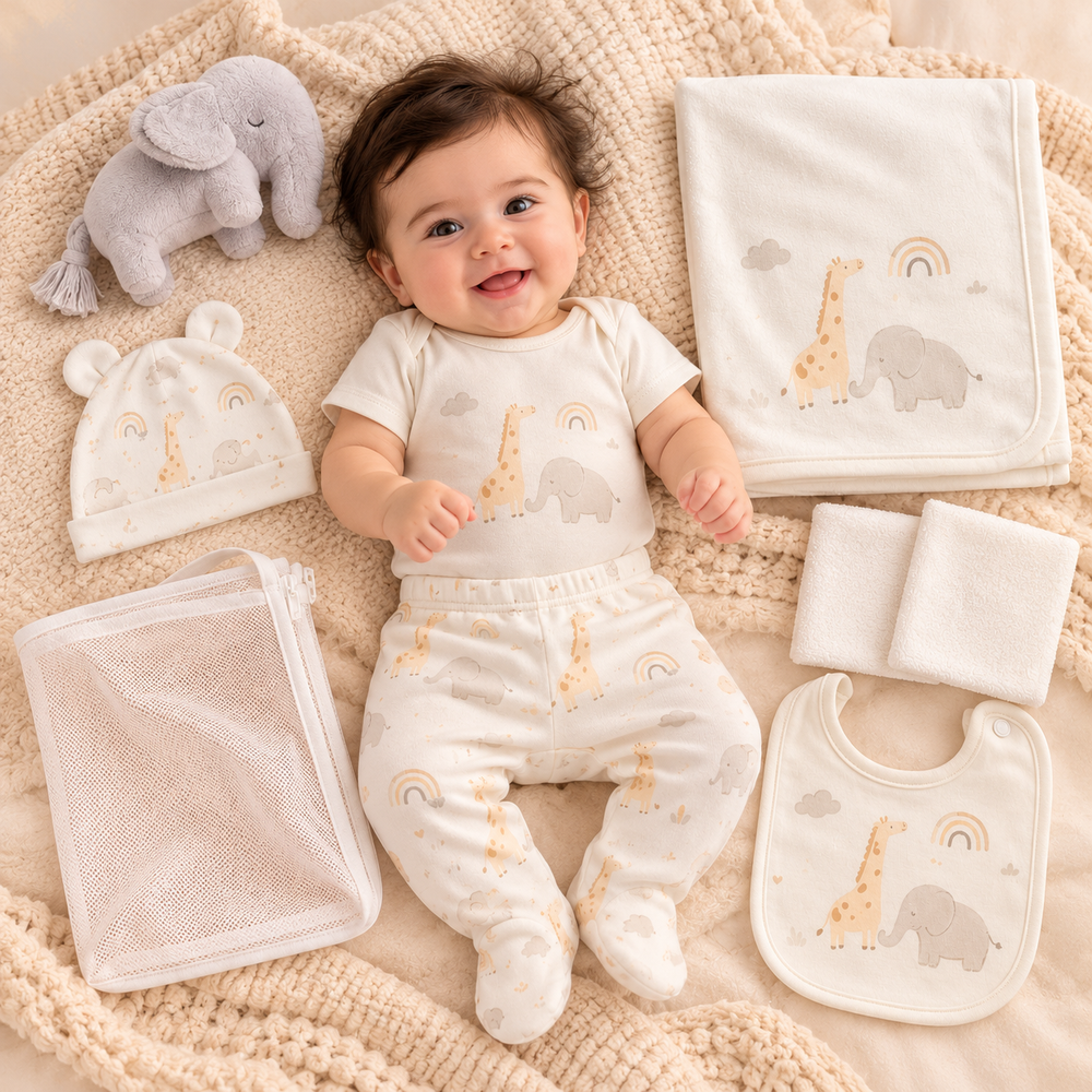 Newborn Baby 10-Piece Safari Animal Starter Gift Set – Ivory Cream