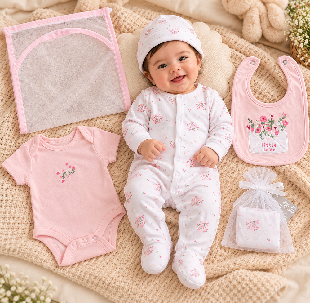 Baby Girl Floral 5-Piece Starter Gift Set – Blush Pink & White