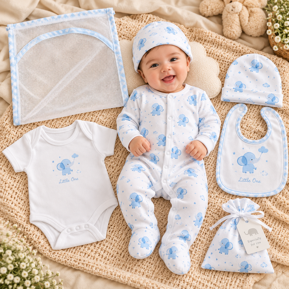 Little Elephant Newborn 5-Piece Gift Set – Blue & White