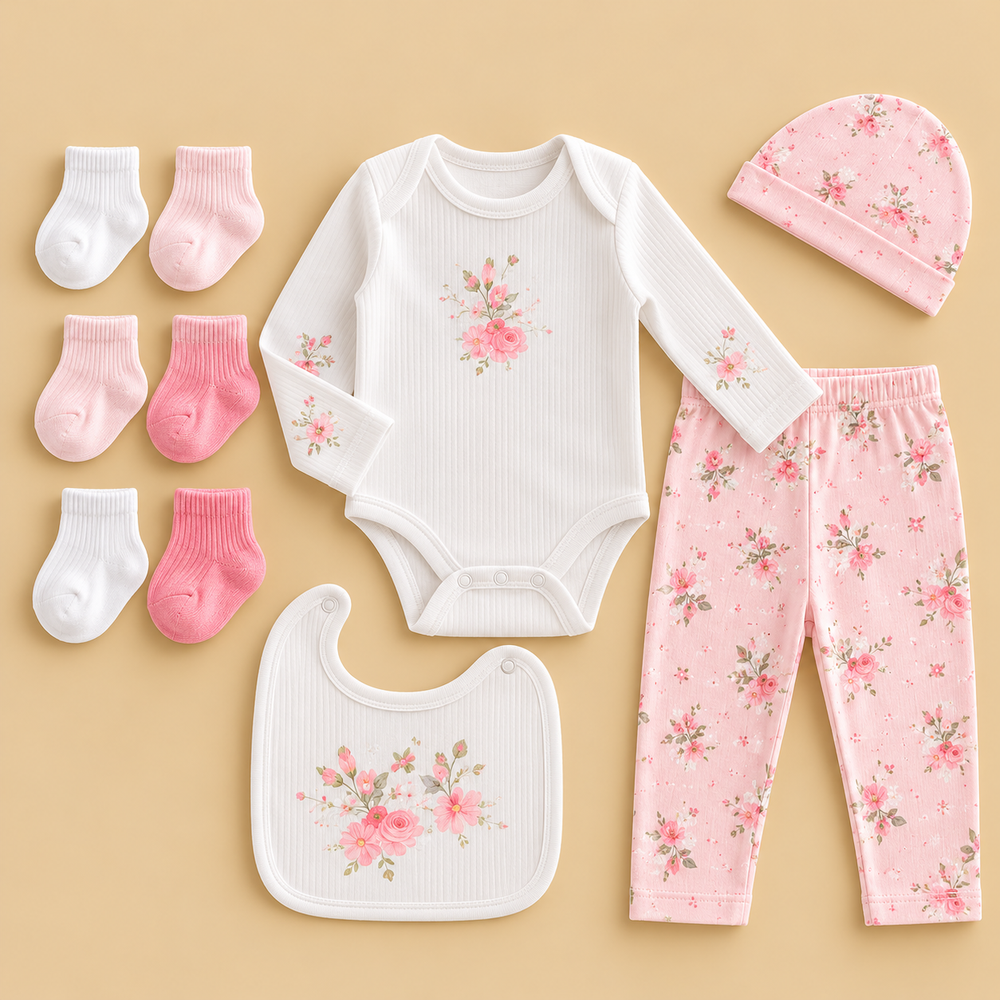 Floral 10-Piece Baby Gift Set – White & Pink